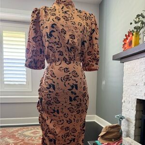 Animal Print Tie Neck Ruched Midi Dress